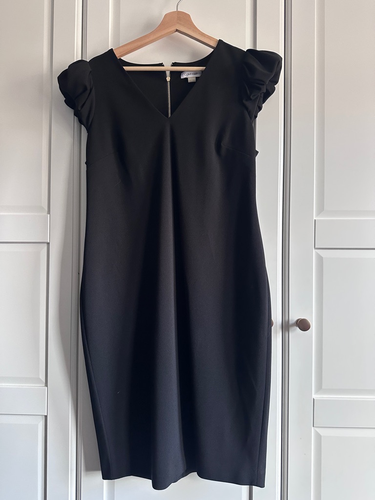 Black Puff-Sleeve V-Neck Dress By Calvin Klein